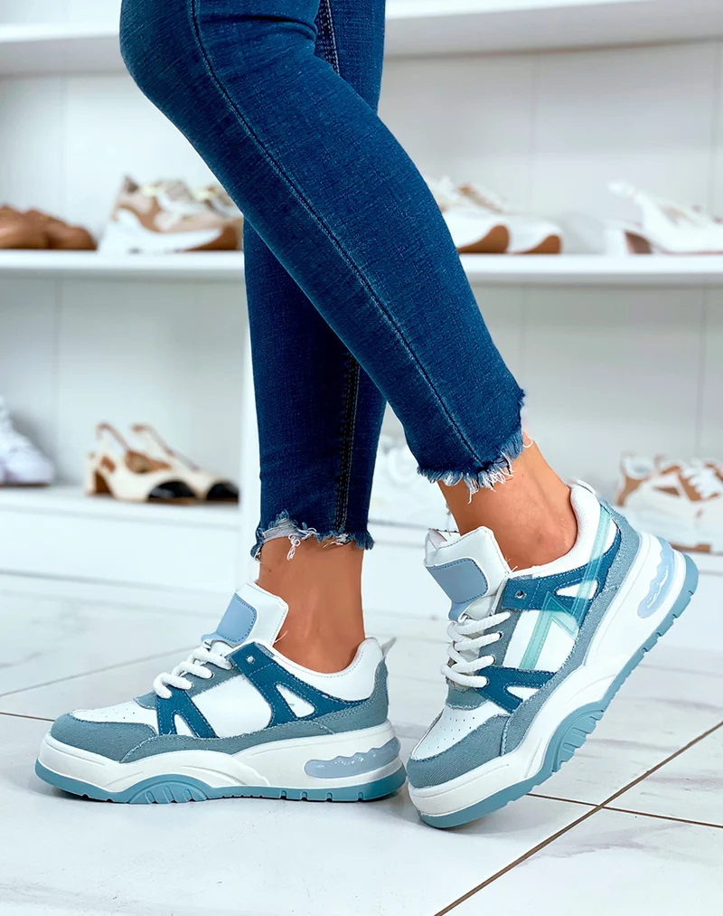 Baskets bi-couleur jeans et blanches à motif et à lacets effet corde