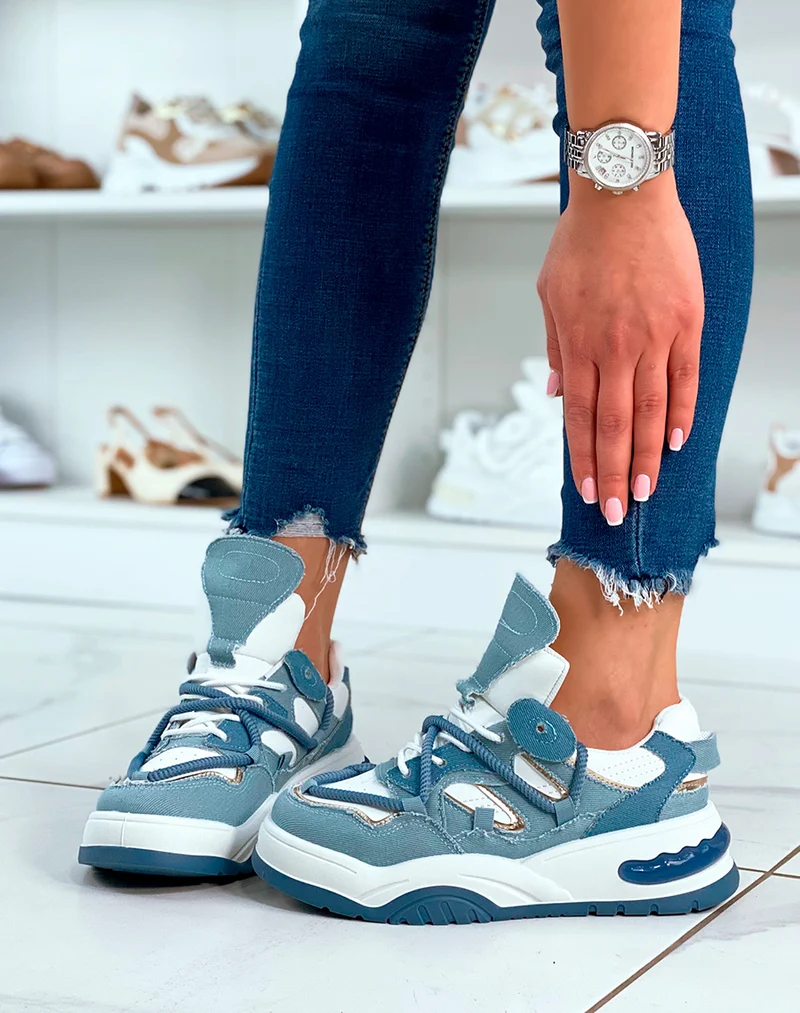 Baskets en jean à multiples détails et lacet en corde