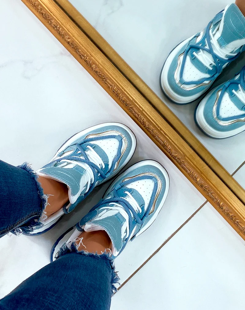 Baskets en jean à multiples détails et lacet en corde