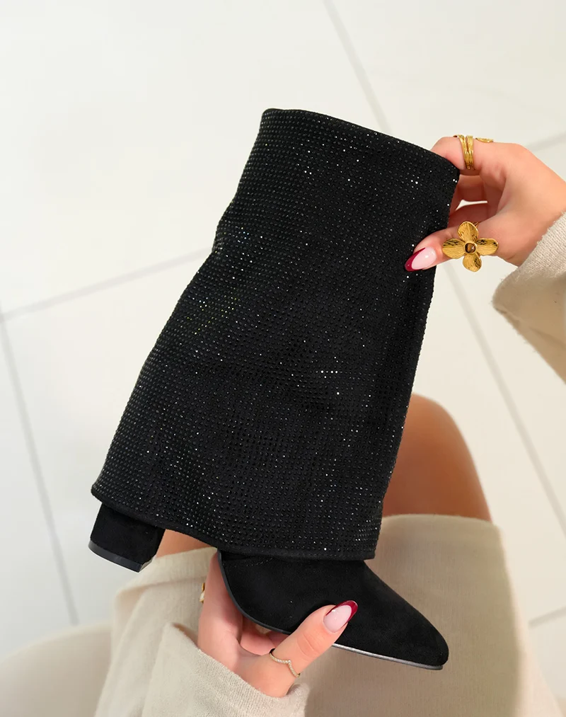 Bottines femme avec revers à strass et bout pointu en suédine
