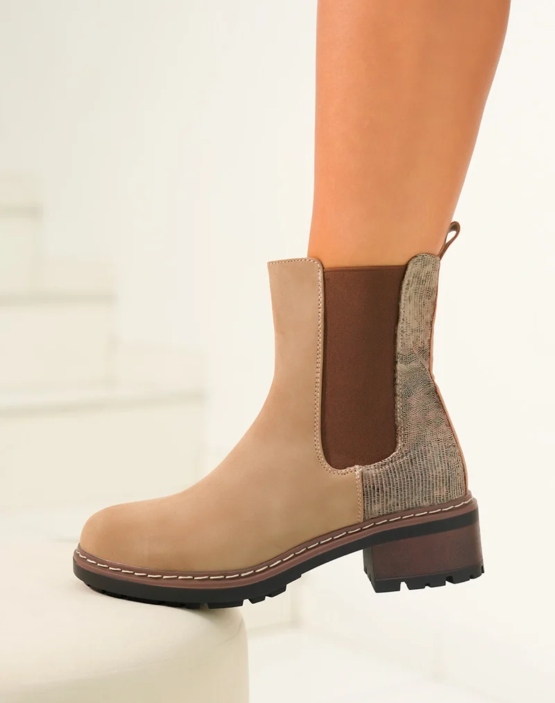Bottines femme beige bi-matière avec effet crocodile et élastique