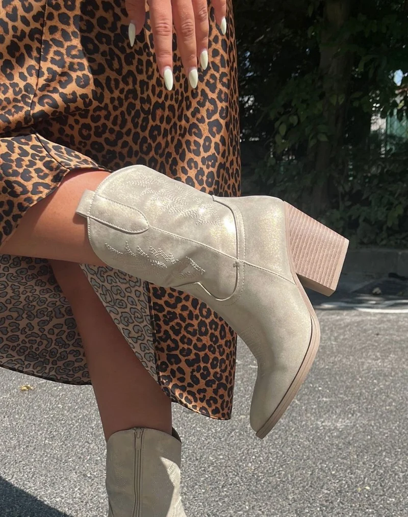 Bottes Santiags Femme Irisées Dorées avec Talon Marron Clair