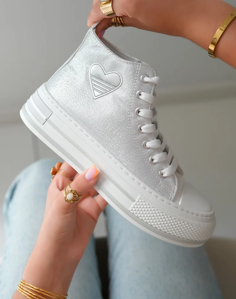 Baskets Montantes Blanches à Paillettes avec Coeur