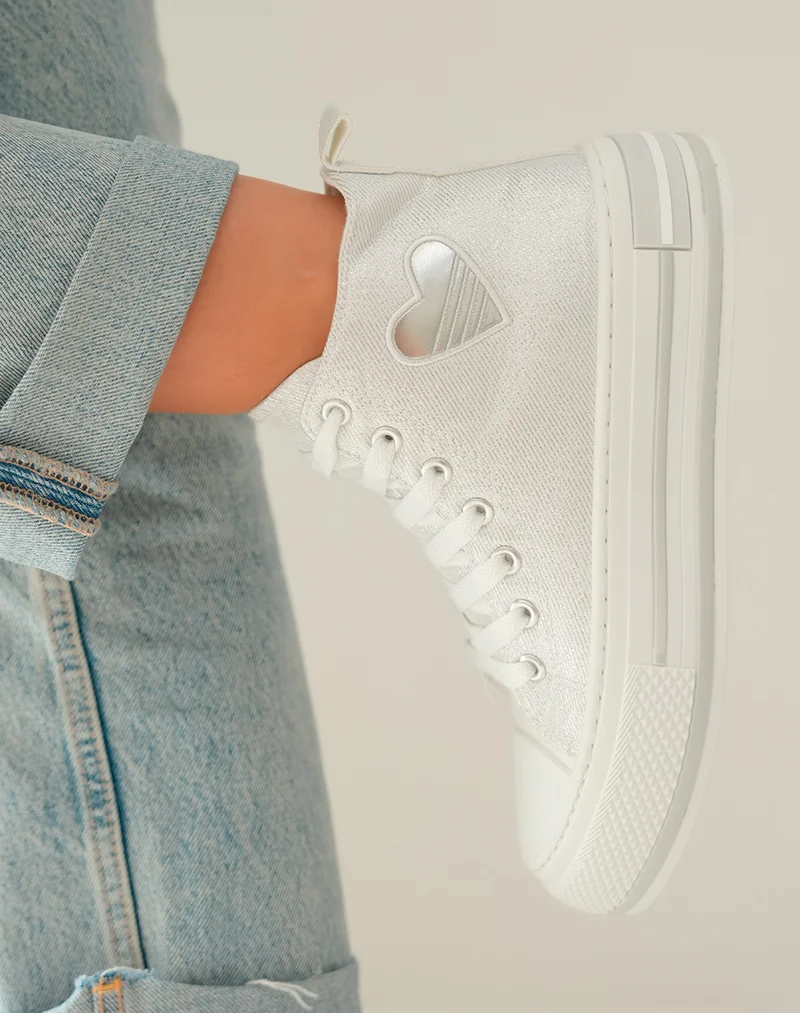 Baskets Montantes Blanches à Paillettes avec Coeur