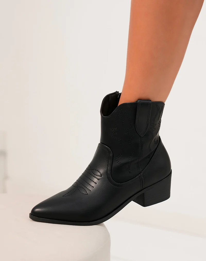Bottines style santiag noires lisse pour femme
