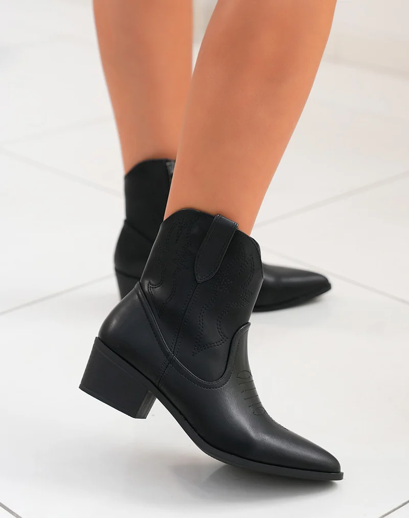Bottines style santiag noires lisse pour femme