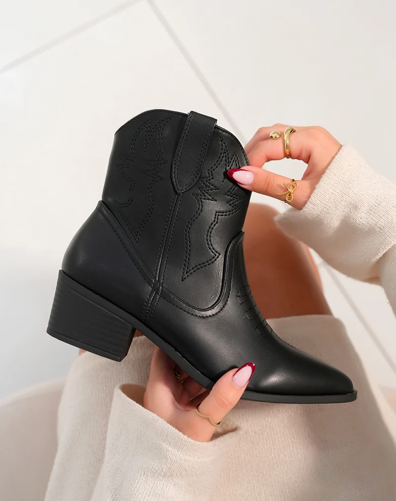Bottines style santiag noires lisse pour femme