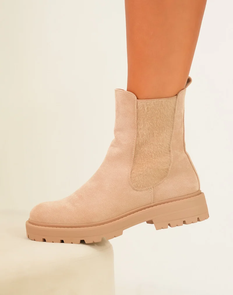 Bottines Beige en Suédine Style Chelsea avec Élastique Doux pour Femme