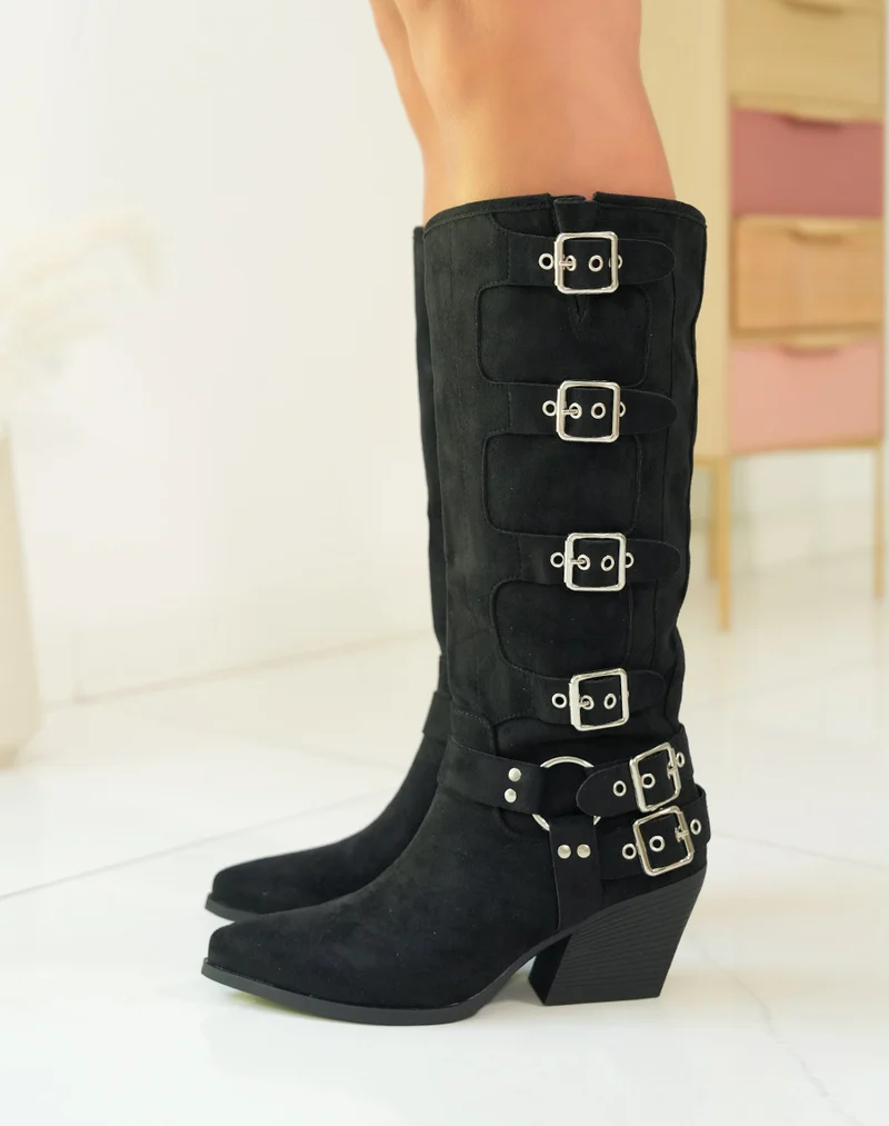 Bottes noires en suédine style cow-boy et à multiples lanières