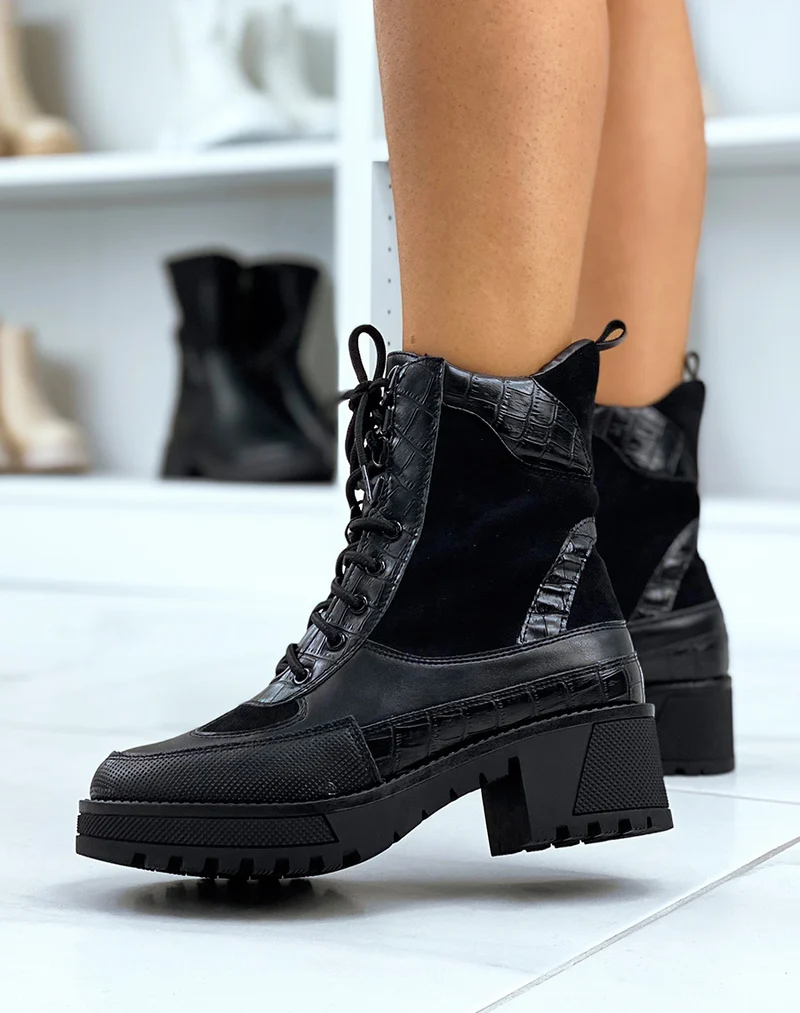 Bottines montantes noires bi-matières
