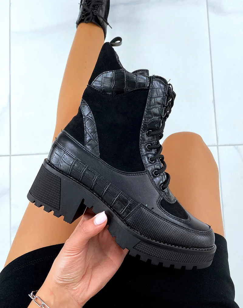 Bottines montantes noires bi-matières