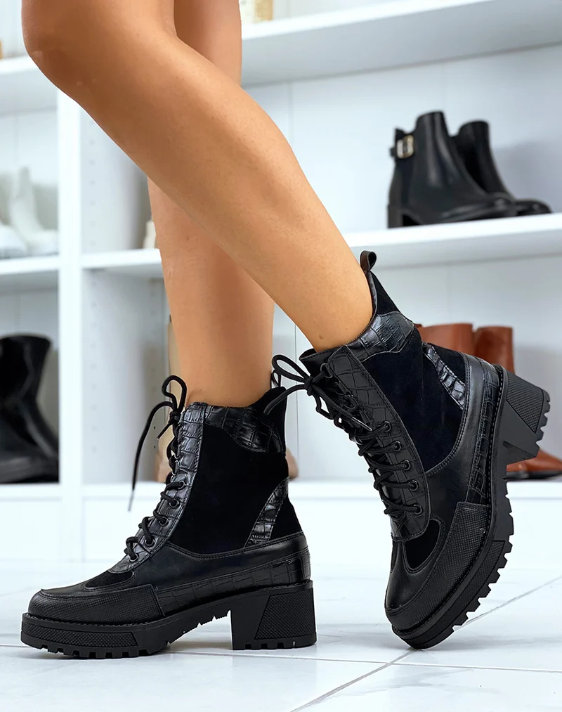 Bottines montantes noires bi-matières