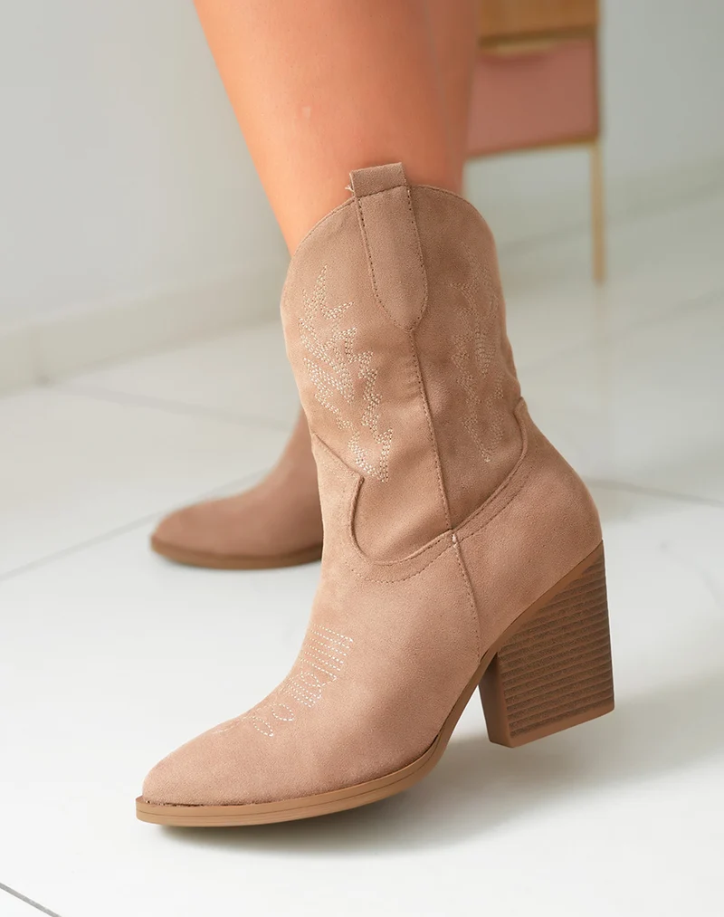 Bottes Santiags Femme en Suédine Taupe avec Détails Couture