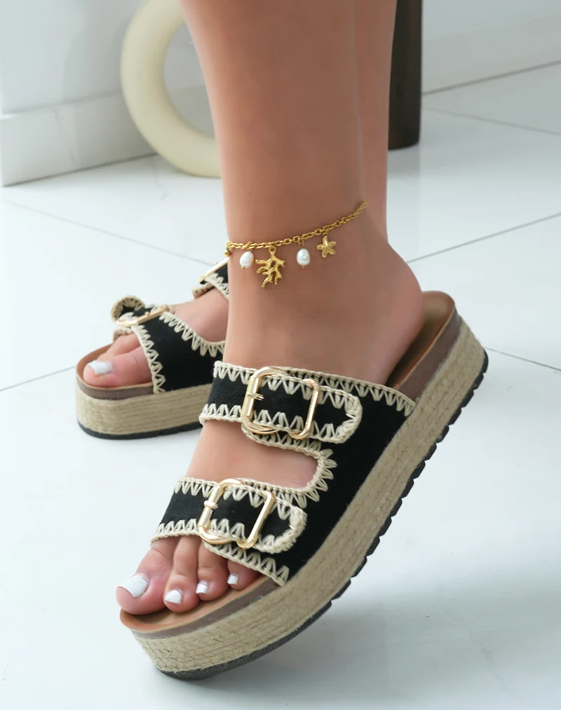 Mules femme en suédine noire à double bride et plateforme en jute