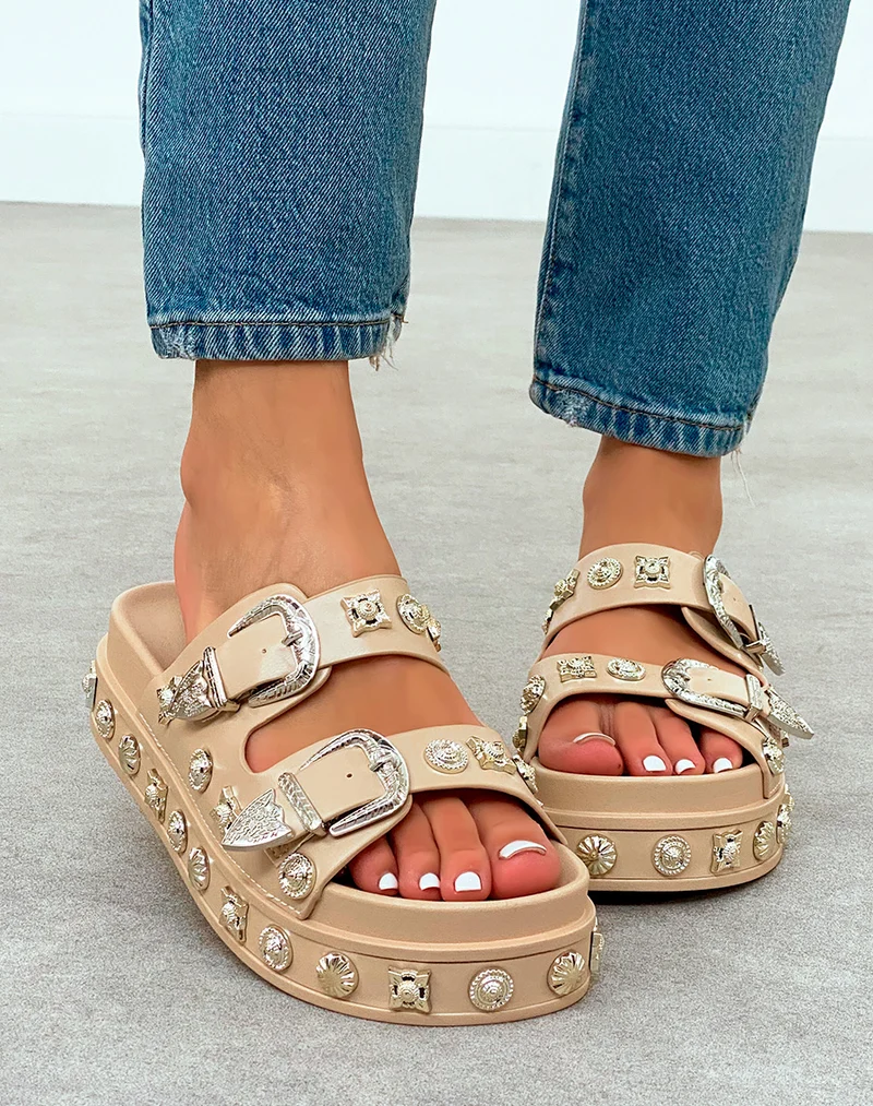 Sandales Plateforme Beiges Femme à Double Sangle Cloutée