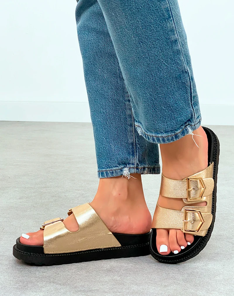 Mules Femme Dorées Chic à Double Sangle et Boucle Dorée
