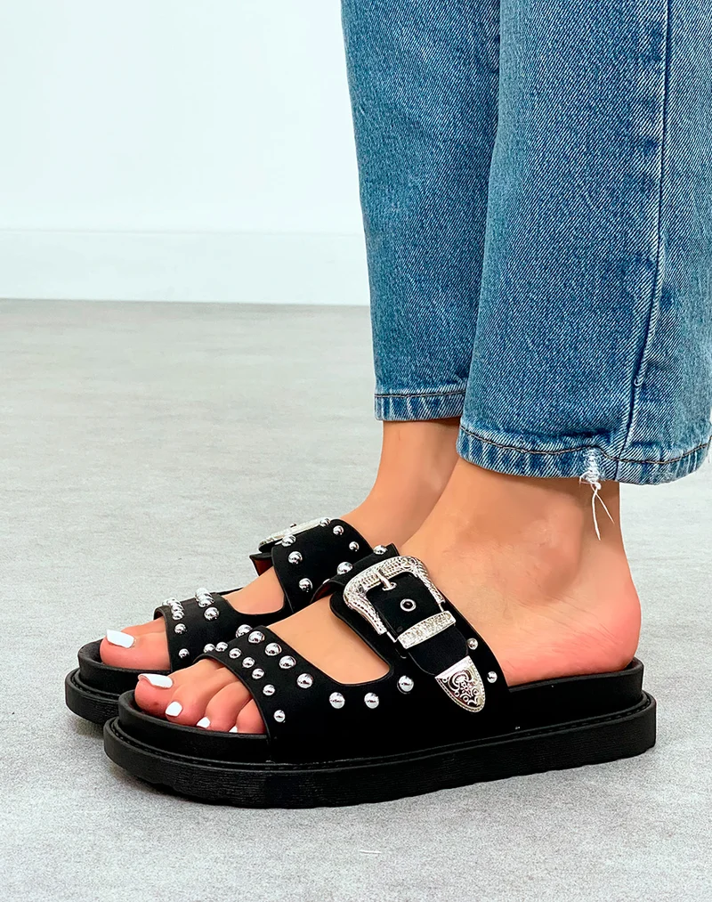 Sandale Plateforme Femme Noires Cloutées à Sangle Argentée