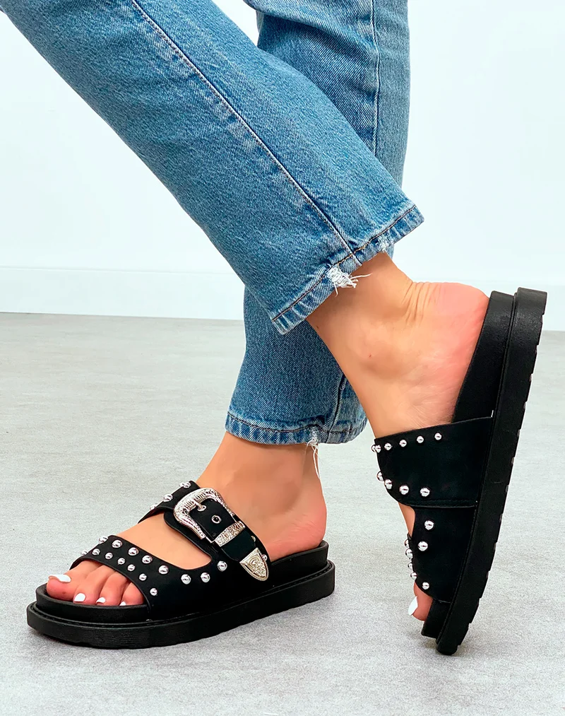 Sandale Plateforme Femme Noires Cloutées à Sangle Argentée