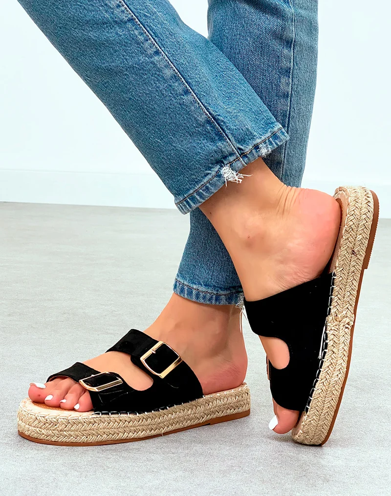 Mules Femme Noires en Suédine avec Semelle en Corde – L'Essentiel Chic et Confortable