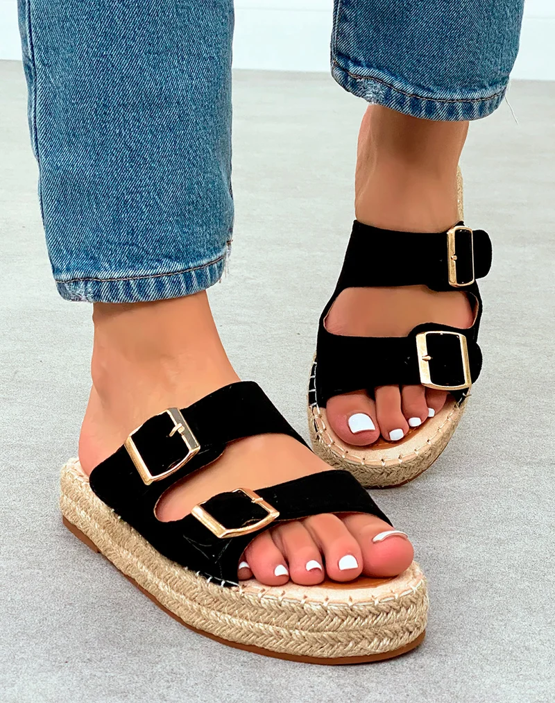 Mules Femme Noires en Suédine avec Semelle en Corde – L'Essentiel Chic et Confortable