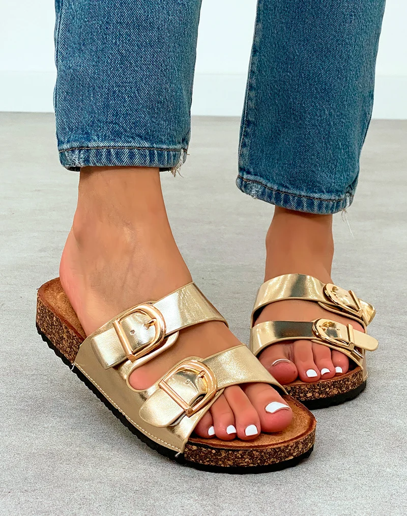 Mules Dorées avec Double Sangle et Boucles Dorées – La Touche Chic