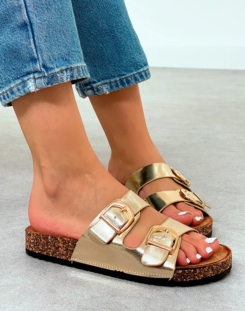 Mules Dorées avec Double Sangle et Boucles Dorées – La Touche Chic