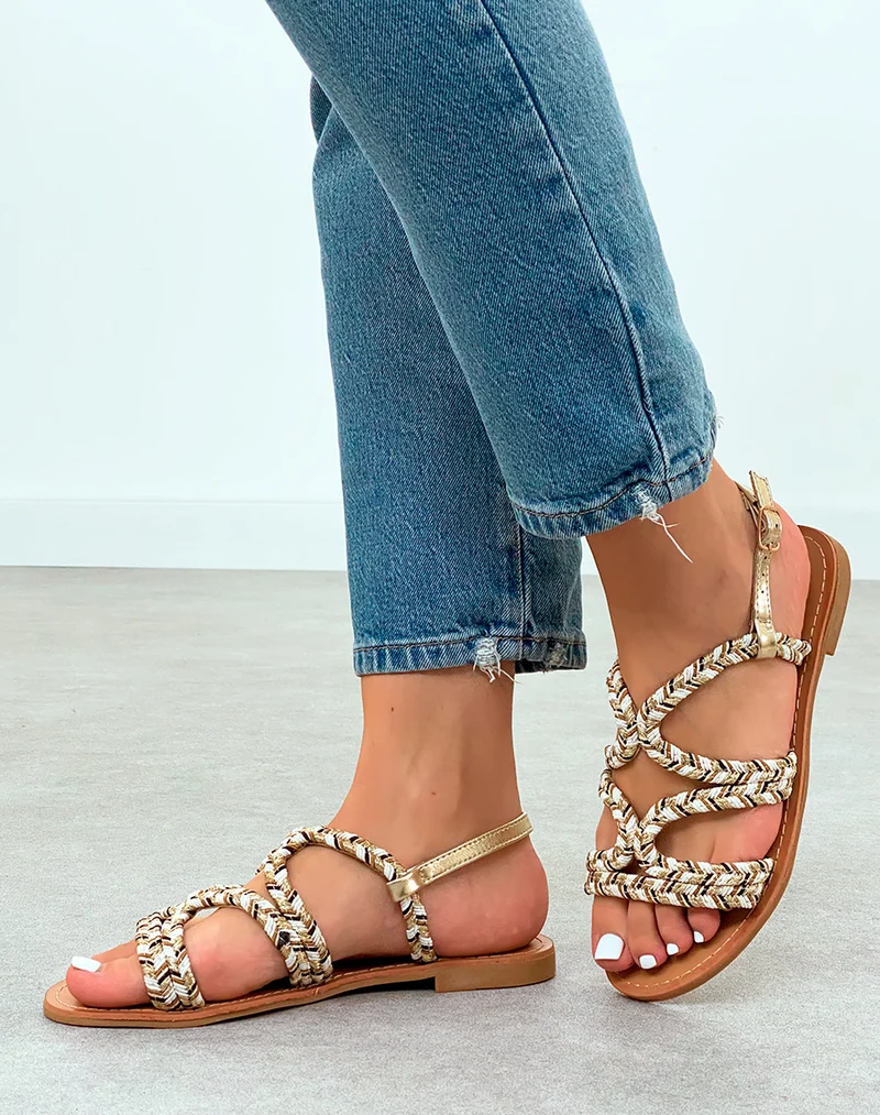 Sandales Femme dorée à détail corde beige et blanc