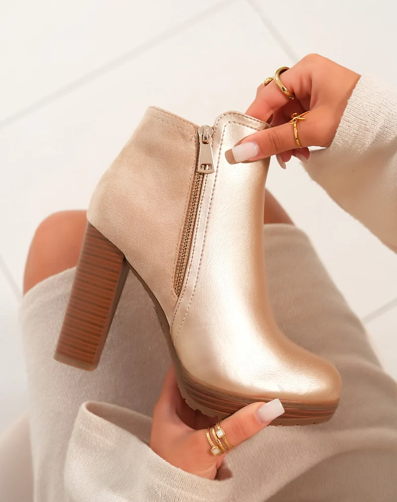 Bottines bi-matière Gold à talon - Éclat et raffinement pour une femme moderne