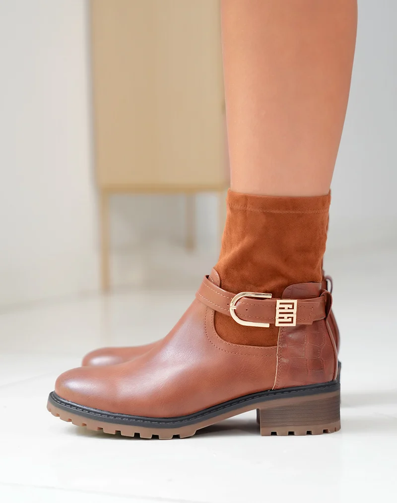 Bottines camel en multi-matière à détails dorés pour femmes