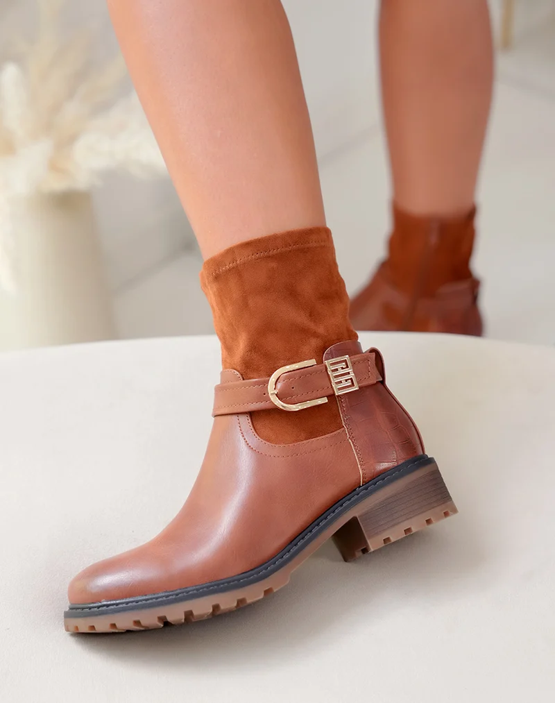 Bottines camel en multi-matière à détails dorés pour femmes