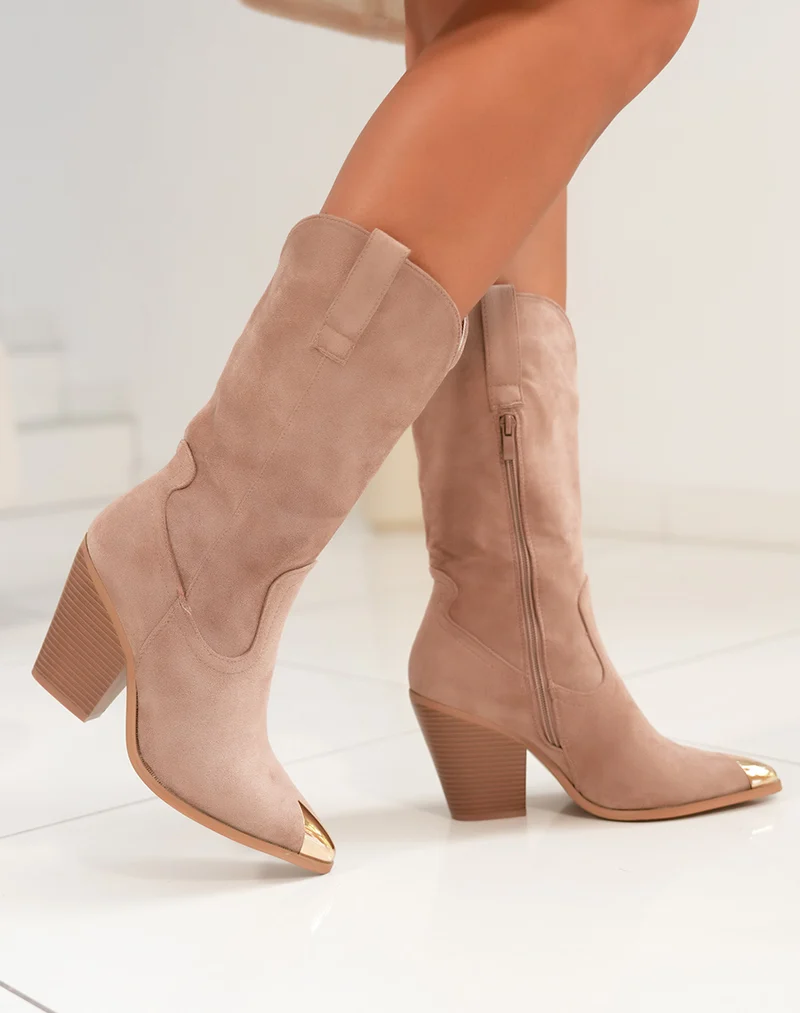 Bottes kaki en suédine à talon style santiags pour femmes