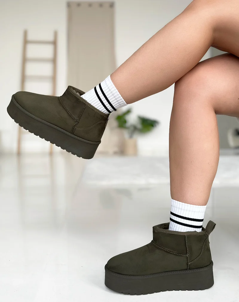 Bottines kaki à plateforme fourrées en suédine