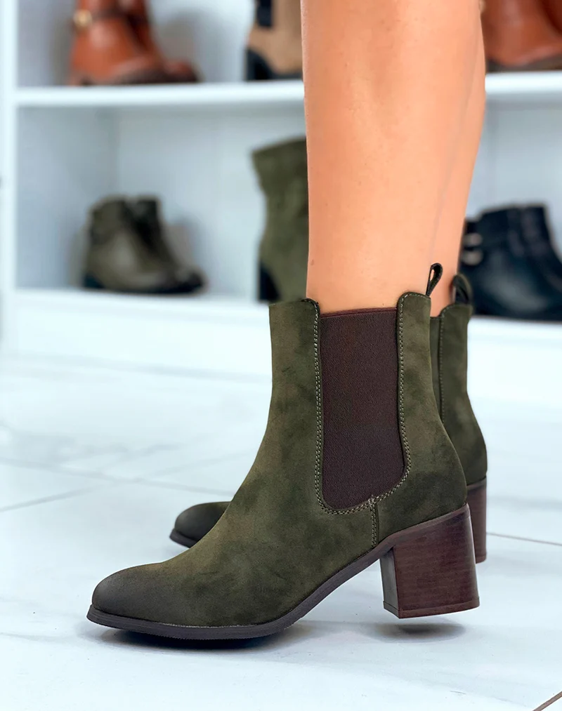Bottines Kaki en Suédine à Talon : Un Style Tendance pour la Femme Moderne