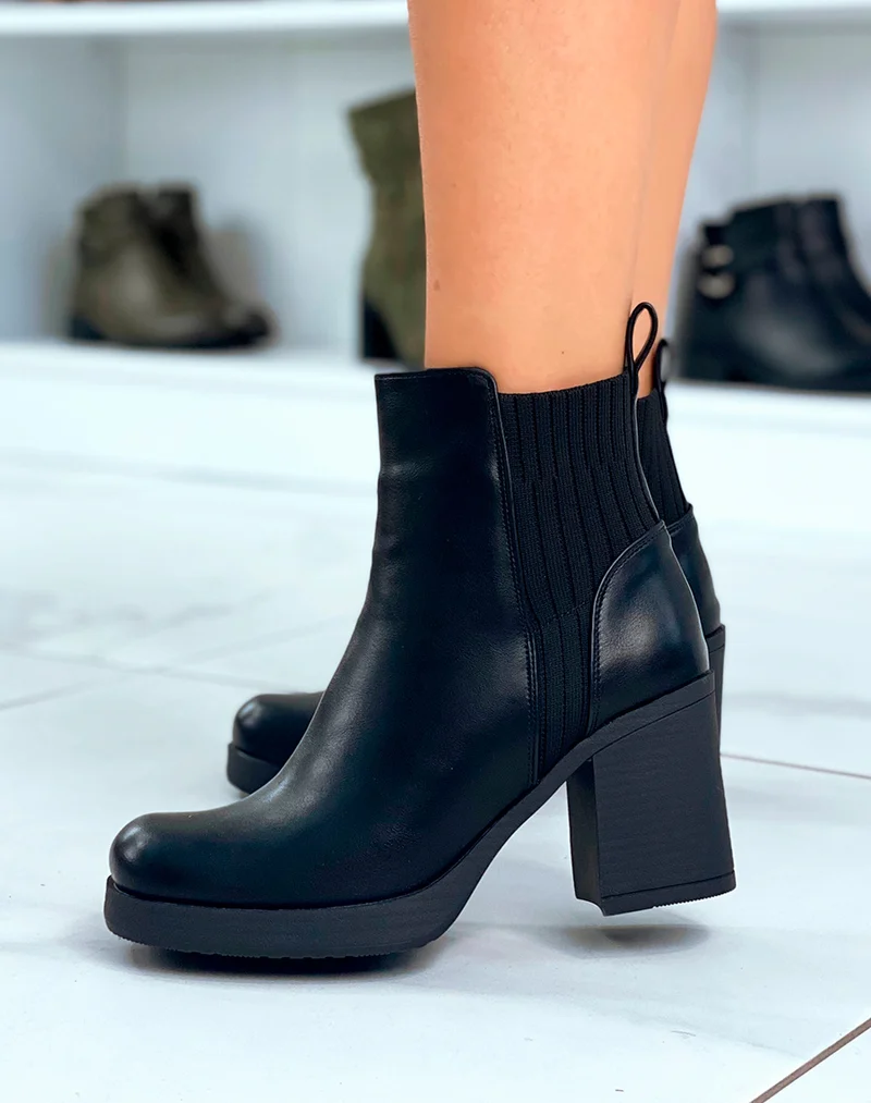 Bottines Chelsea Noires Bi-Matière avec Talon Carré : Le Chic Intemporel pour Femme