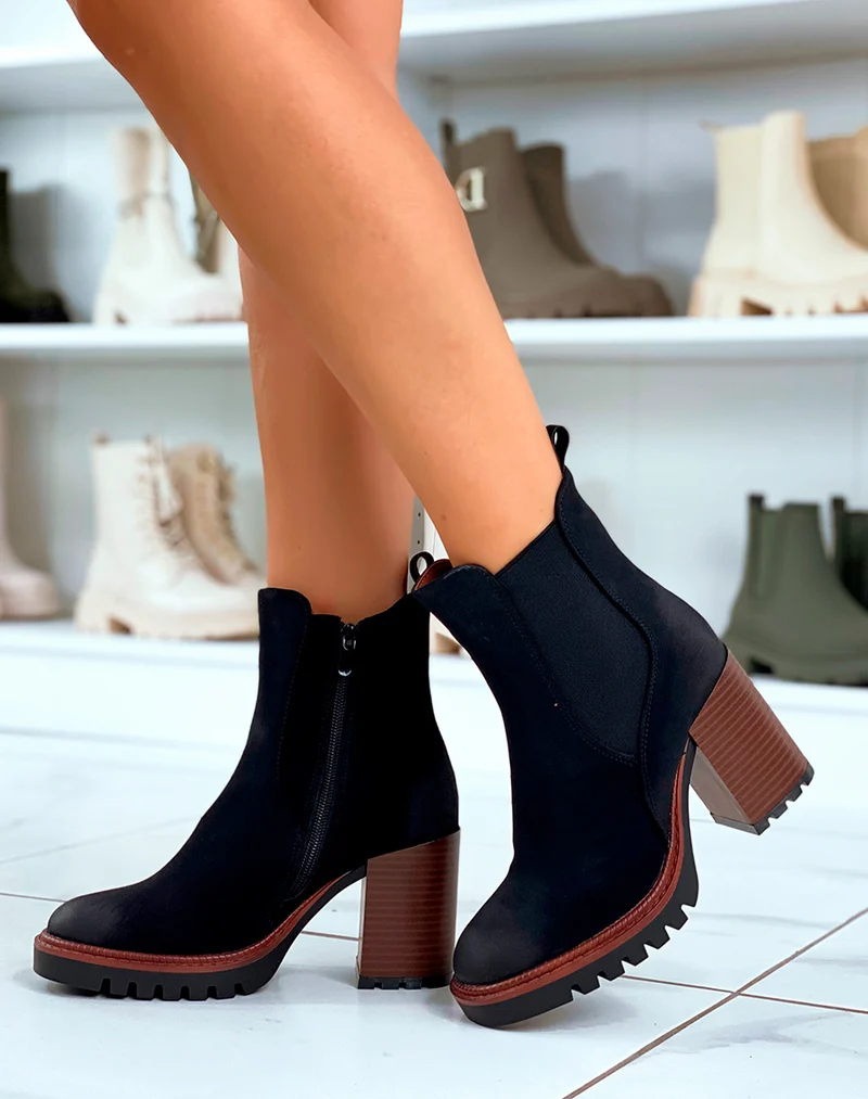 Bottines Chelsea noires en suédine à talon - Élégance intemporelle pour chaque femme