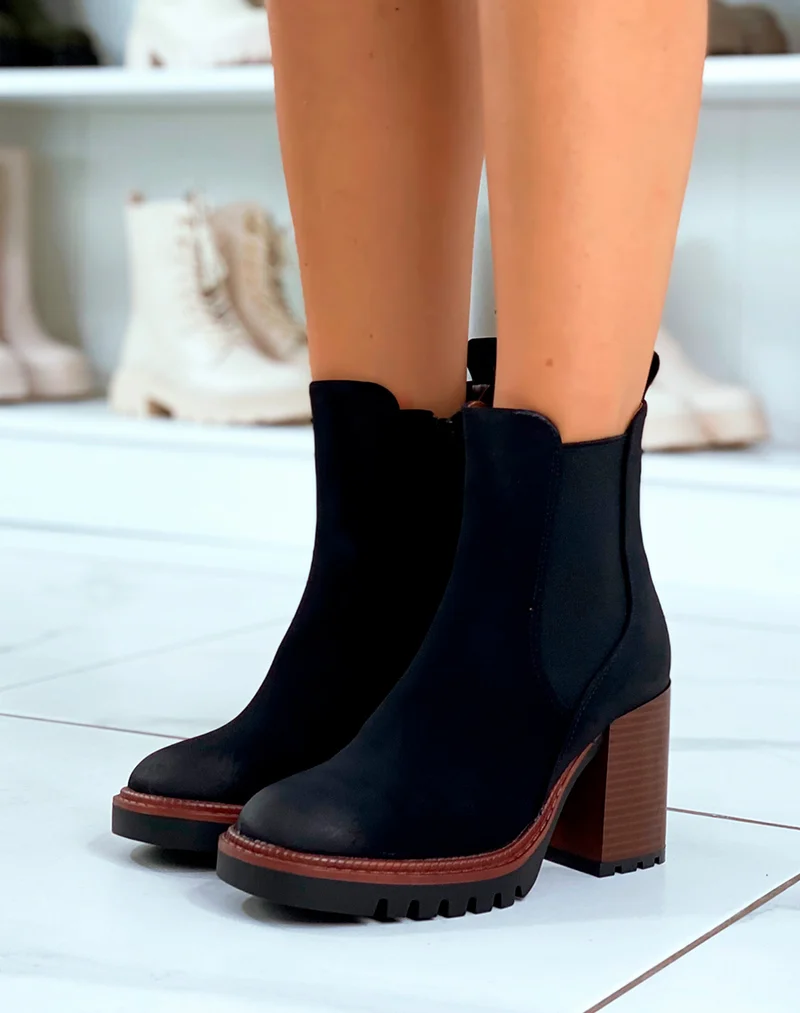 Bottines Chelsea noires en suédine à talon - Élégance intemporelle pour chaque femme