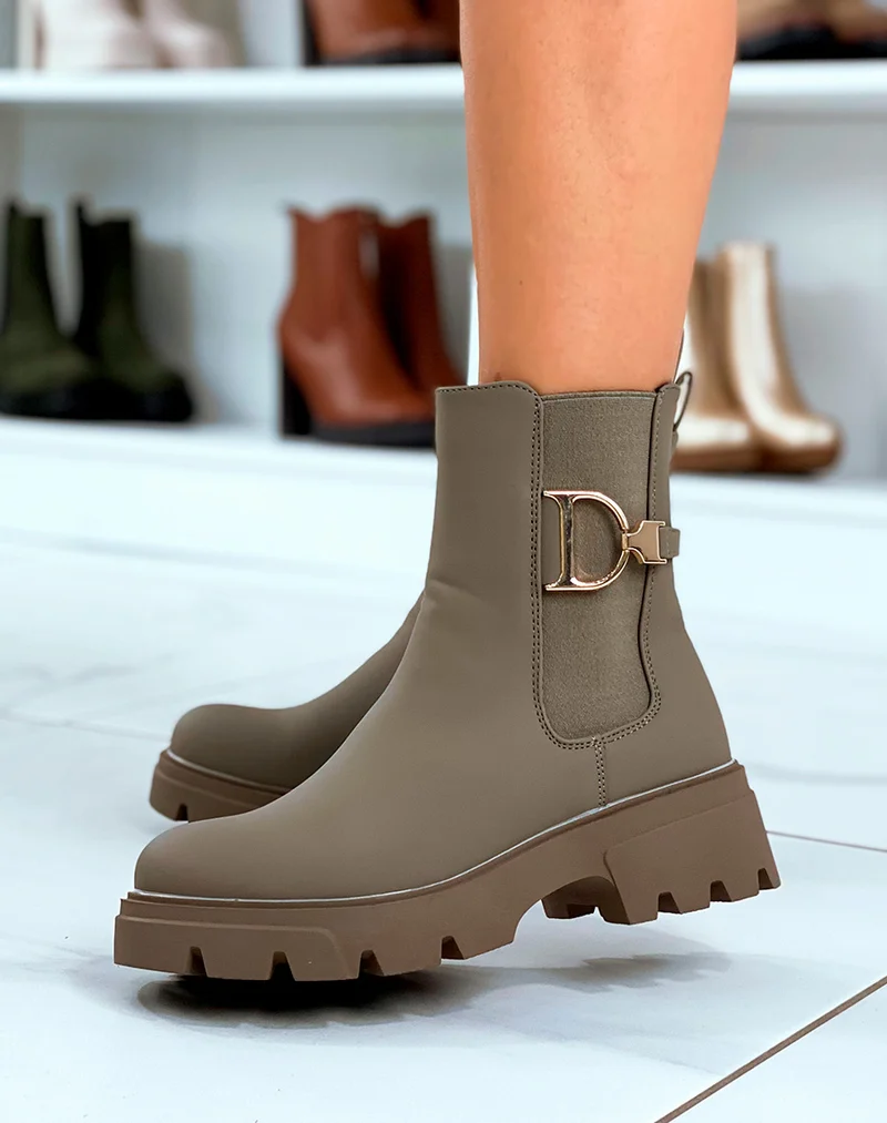 Bottines Chelsea Taupe Mat Avec Boucle Dorée