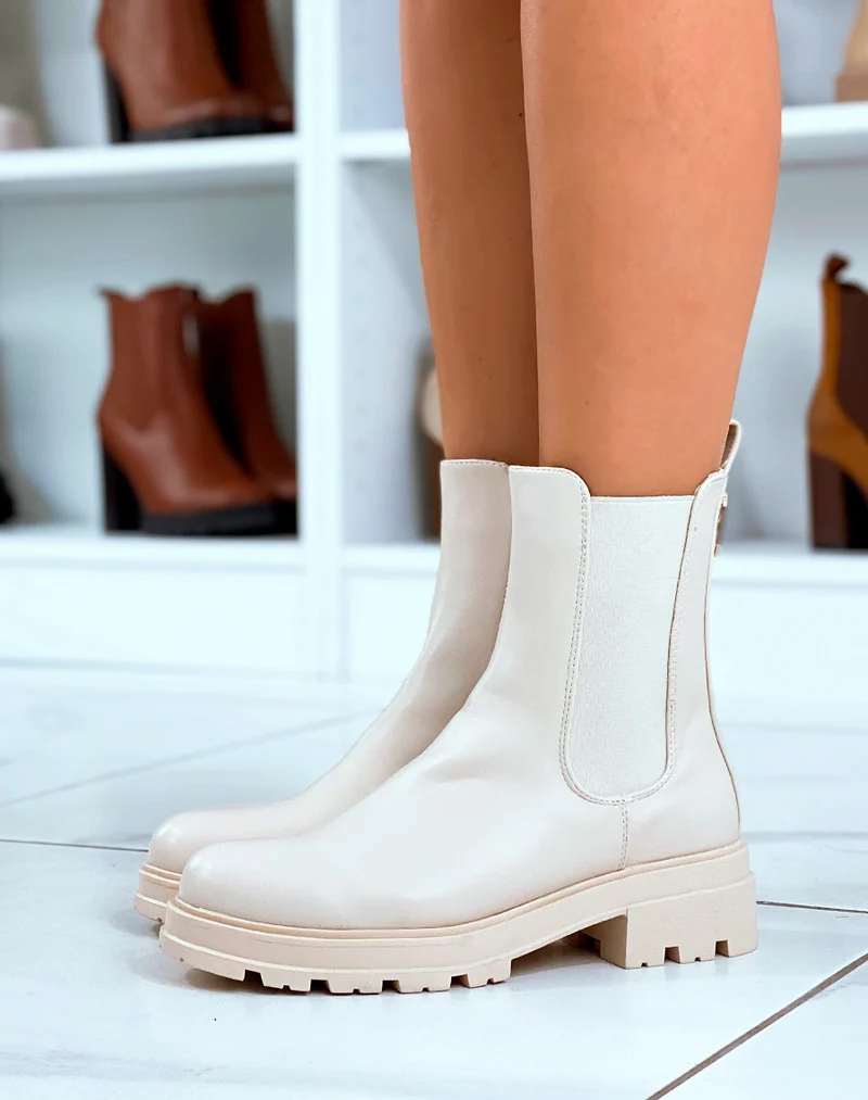 Bottines Chelsea Beige Avec Boucle Dorée