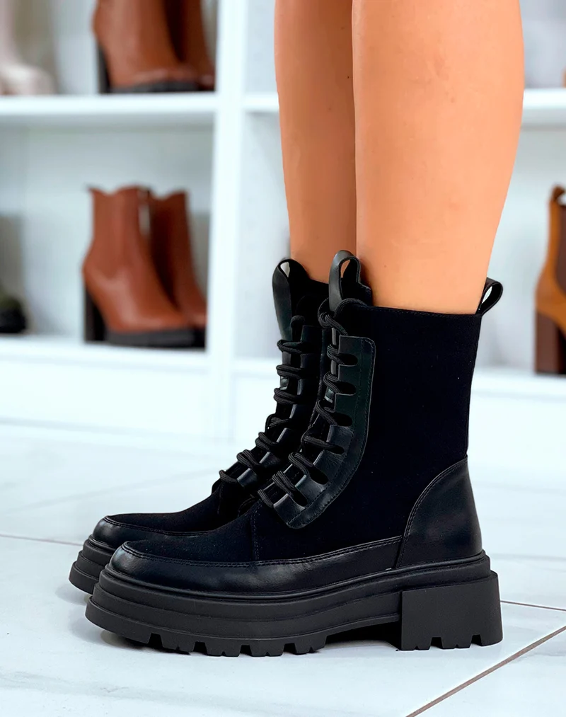 BOTTINES NOIRES BI-MATIÈRE À PLATEFORME