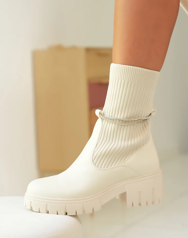 Élégantes Bottines Beiges Femme à Effet Chaussette et Strass
