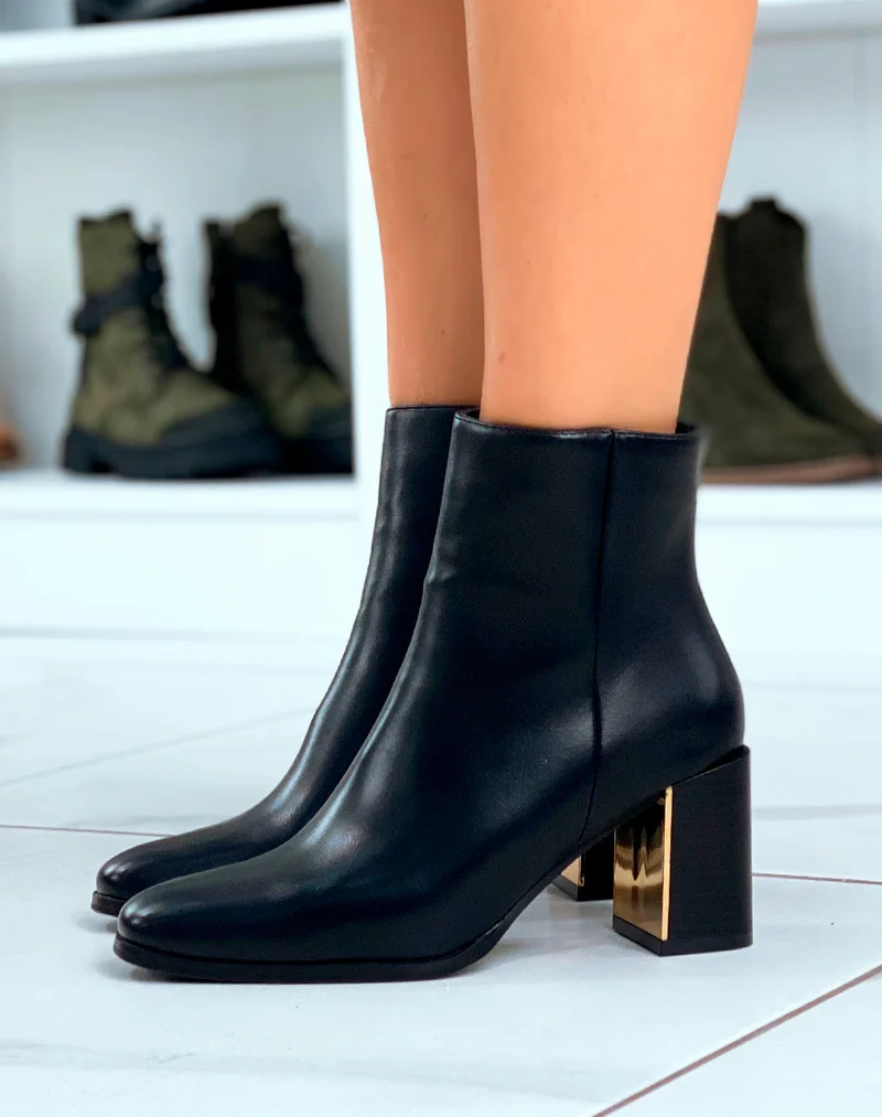 BOTTINES ÉLÉGANTES NOIRES À TALON À DÉTAIL DORÉ