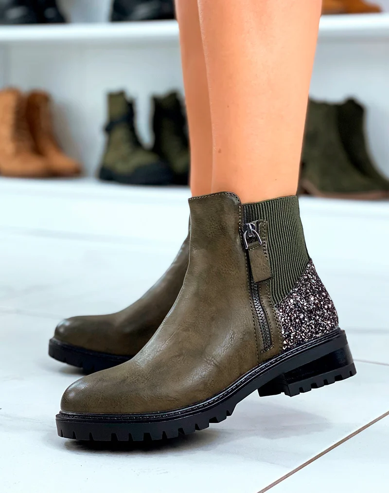 Bottines femme kaki avec détail paillette