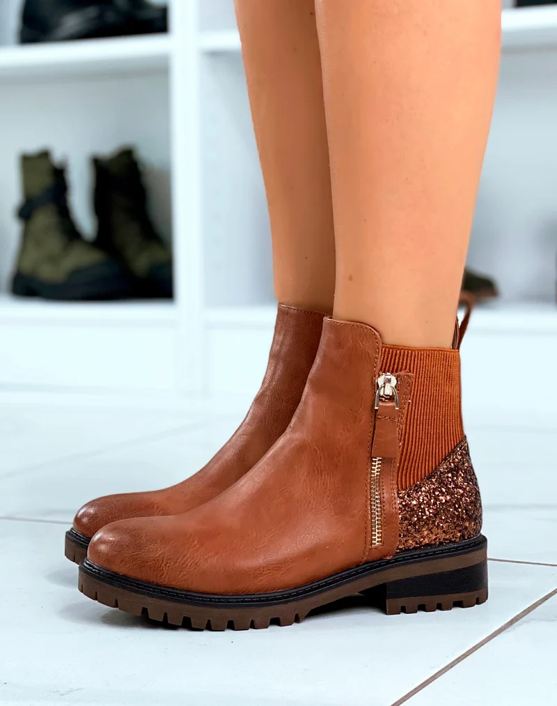 Bottines femme camel avec détail paillette