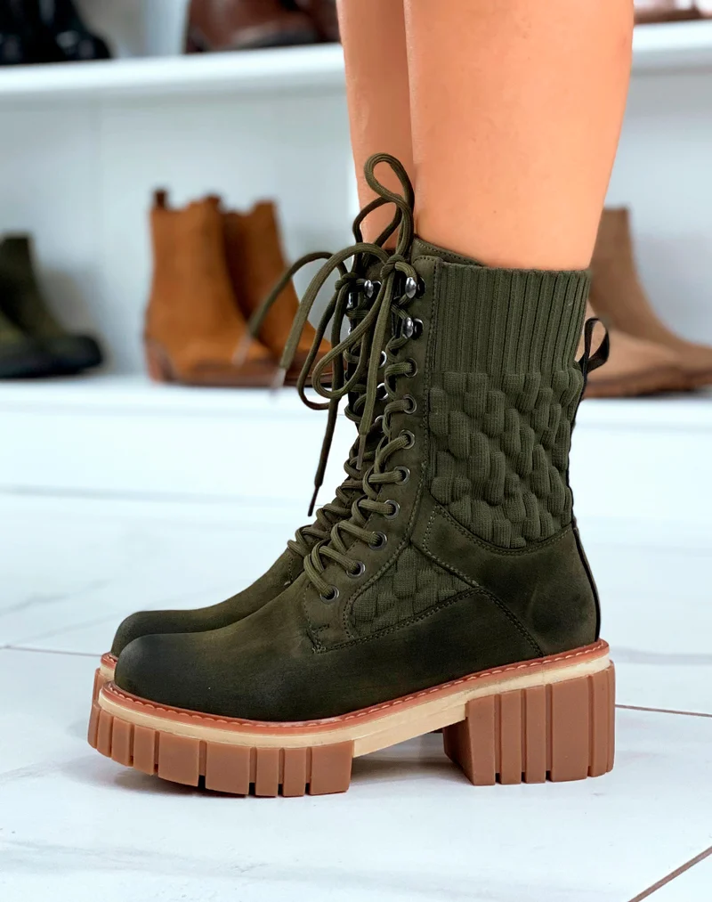 Bottines Vertes Montantes à Lacets Effet Chaussette