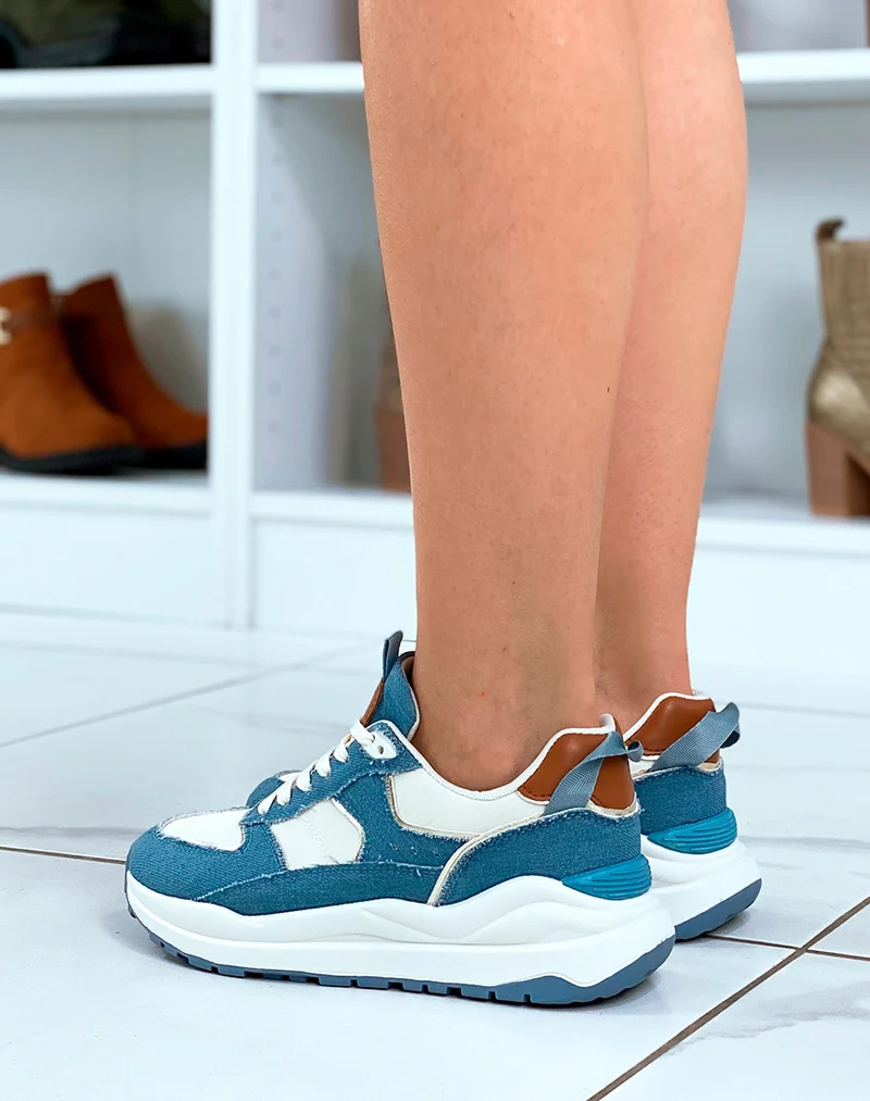 Baskets femme blanches avec empiècements en jean