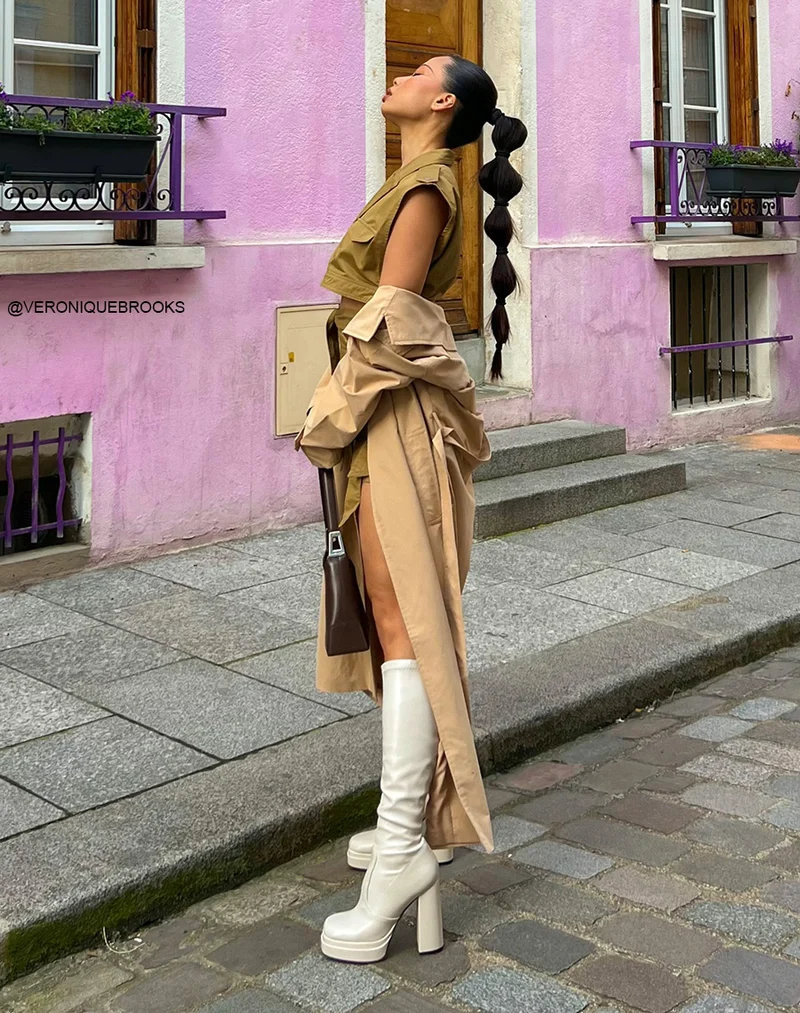Bottes beiges effet mat à talon épais