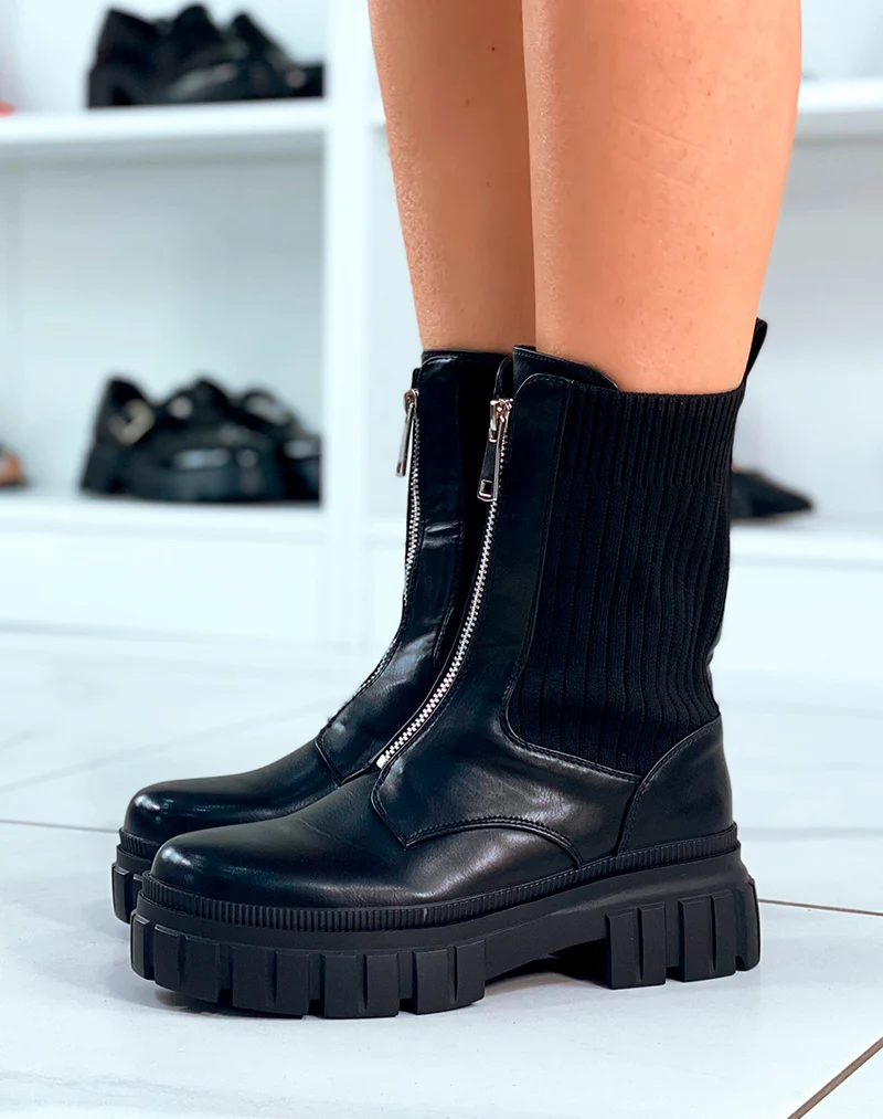 BOTTINES NOIRES MONTANTES EFFET CHAUSSETTE ZIPPÉE