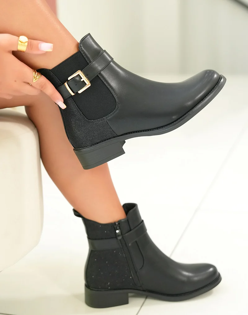 BOTTINES NOIRES STYLE CHELSEA AVEC LANIÈRE DORÉE ET EFFET BRILLANT