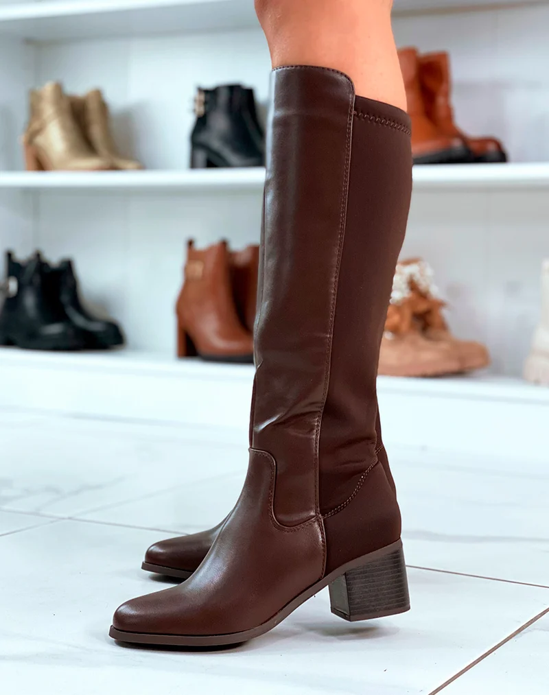 Bottes marron foncées à petits talons bi-matière
