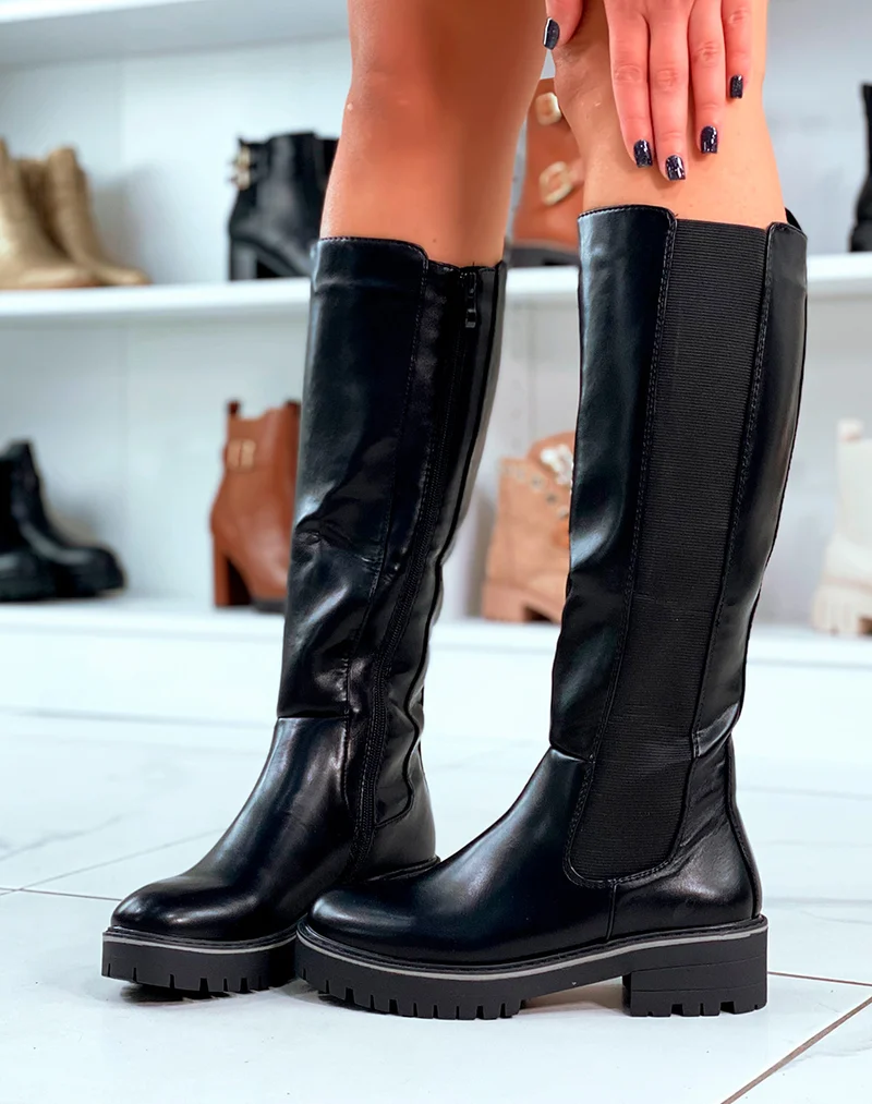Bottes noires style chelsea montantes bi-matière a bout rond